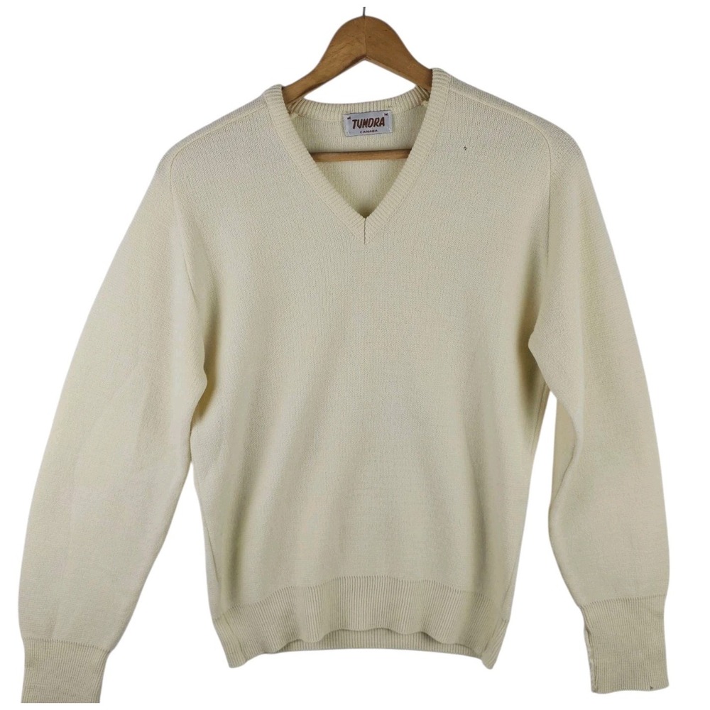 Vintage Tundra Canada V-neck Wool Blend‎ Ivory Sweater Mens Medium Grandpacore